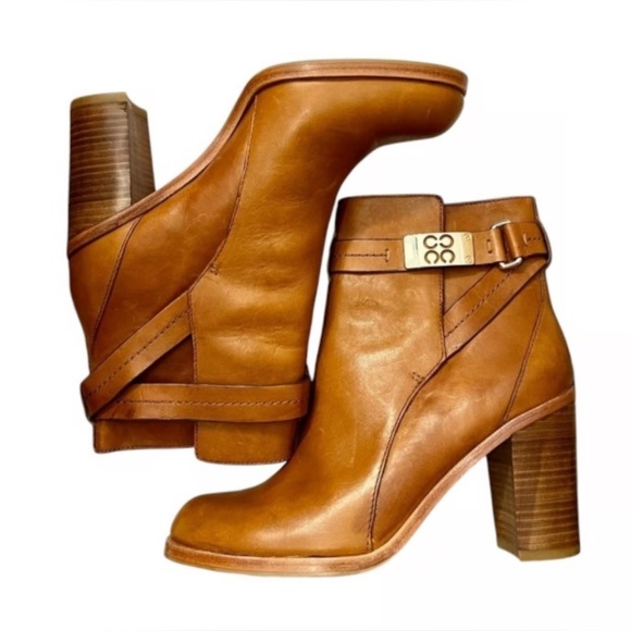 Coach Buckle Kasandra Chestnut Brown Leather Block High Heel Ankle Boots… - Picture 1 of 13